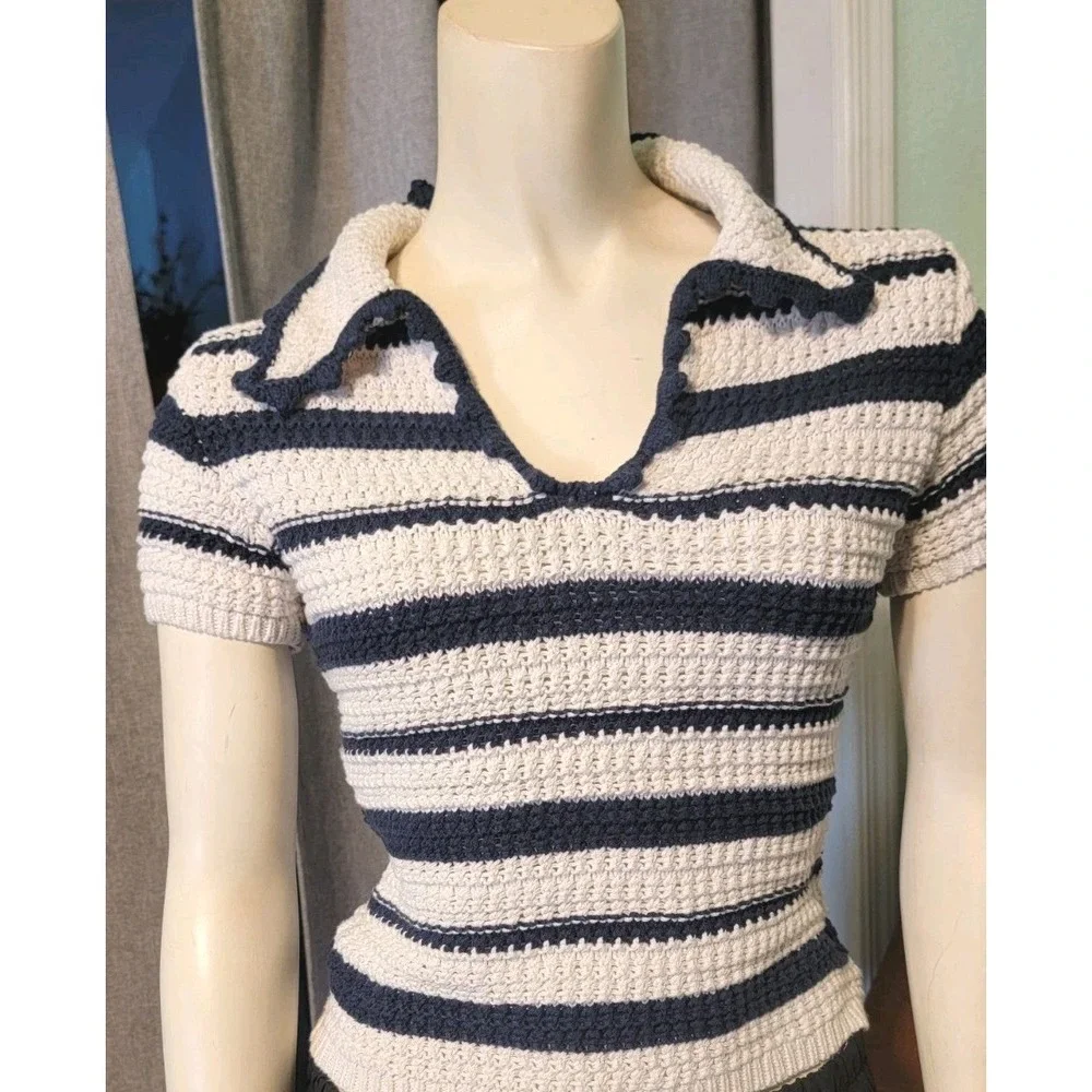 Blue & White Striped Alter'd State Cropped Nautical Open Knit Scalloped Collar S